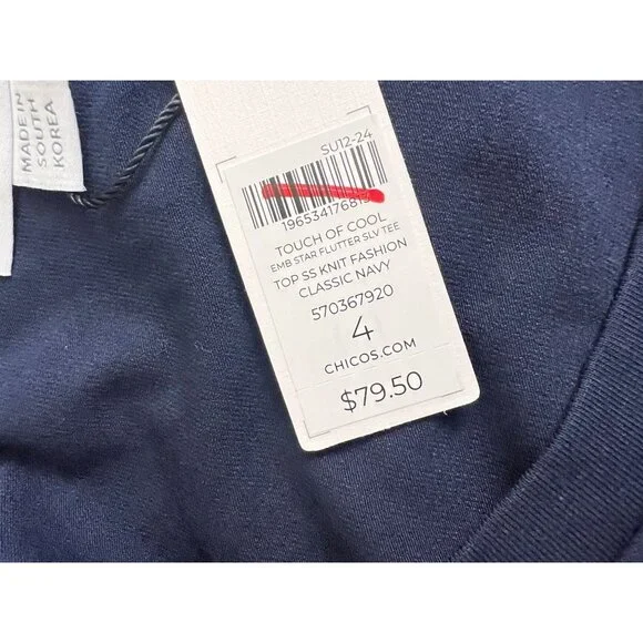 Chico's Touch of Cool Embroidered Stars Flutter Sleeve Tee Size 4 XXL Blue - Picture 5 of 7